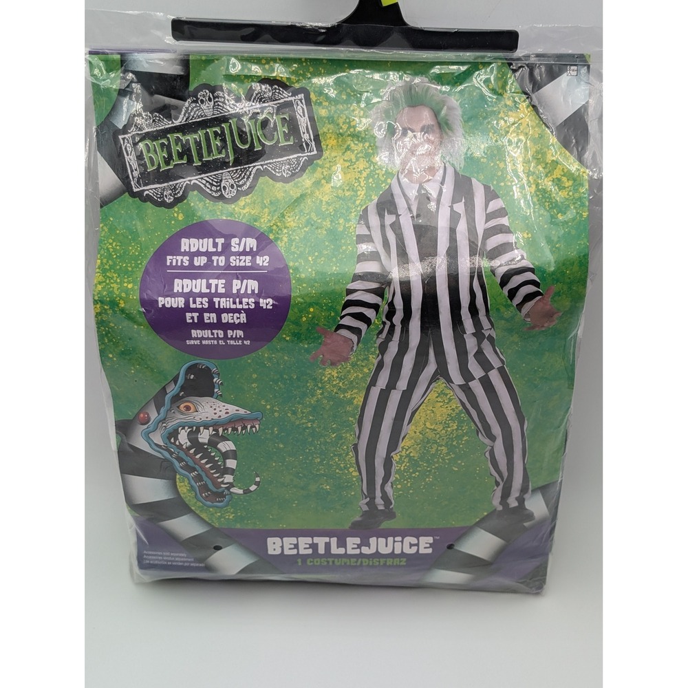 Beetlejuice Costume Men Adult S/M Black White Striped Suit Halloween Cosplay